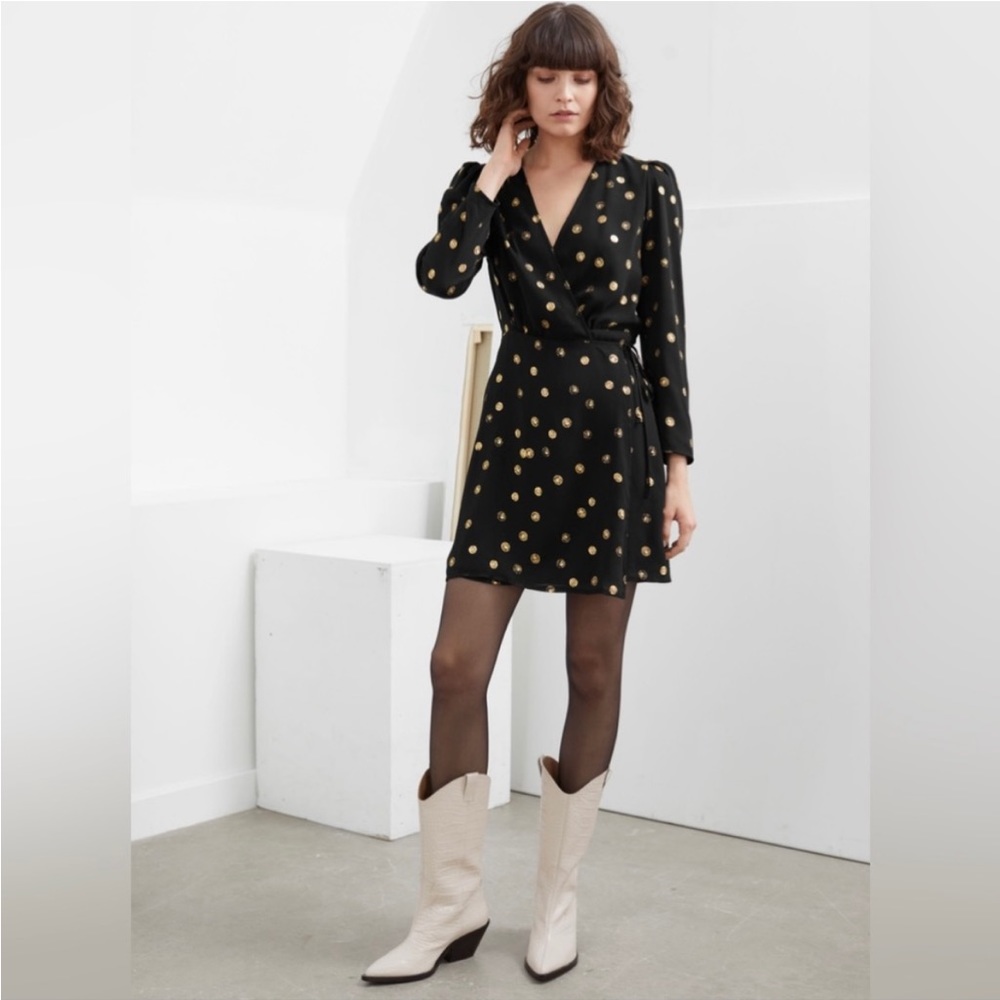 & Other Stories Gold Coin Puff Sleeve Wrap Dress